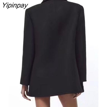 Yipinpay Warm Winter Black Solid Rivet Woolen Coat 2023 Fashion Long Sleeve Outwear Office Outfits Double Breasted Notched Overcoat